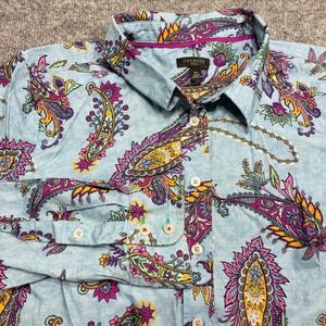 Talbots Blouse Womens Medium Petite Blue Paisley Long Sleeve Button Down Shirt